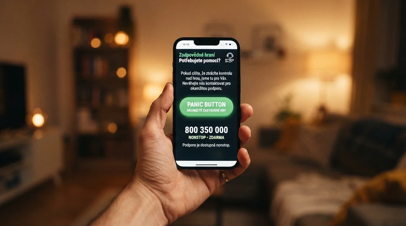 Mobilní telefon s otevřenou stránkou zodpovědného hraní, kontakty na linky pomoci a tlačítko Panic Button