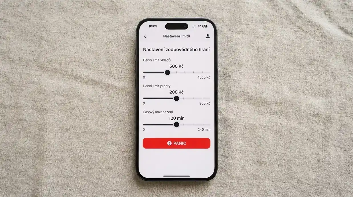 Displej telefonu zobrazující obrazovku nastavení limitů v casinu — denní limit vkladu, limit prohry a časový limit