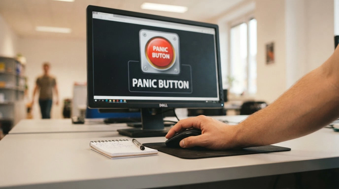 Hráčská ruka u myši s viditelným tlačítkem panic button na obrazovce casina