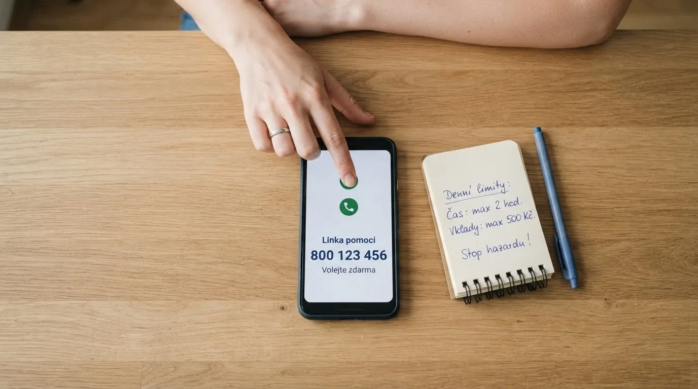 Telefon s vytočeným číslem linky pomoci na displeji a poznámkový blok s logem Zodpovědného hraní