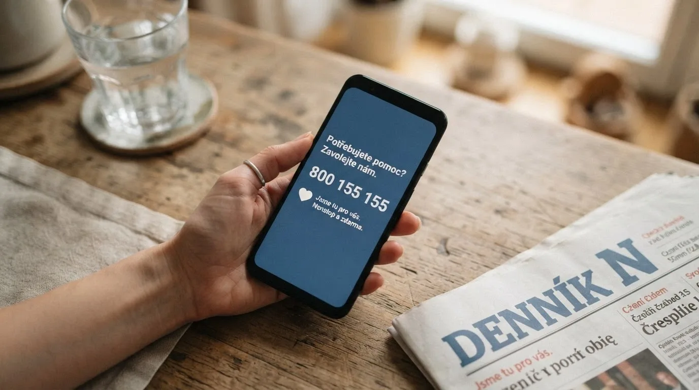 Telefon v ruce s vytočeným číslem linky pomoci na displeji, v pozadí logo Národní linky