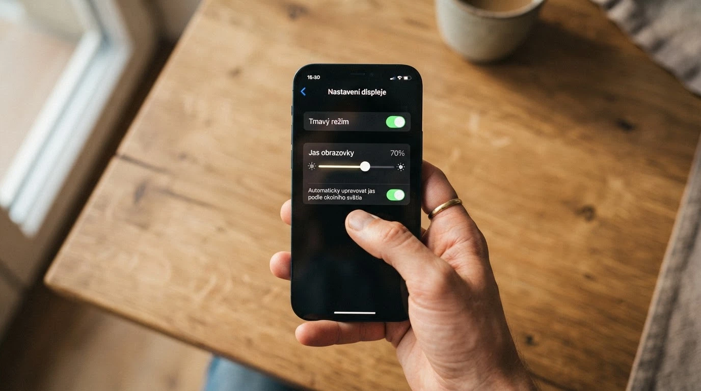 Mobilní telefon s otevřenou stránkou sebeomezujících opatření — posuvníky denního/týdenního limitu a tlačítko panic button