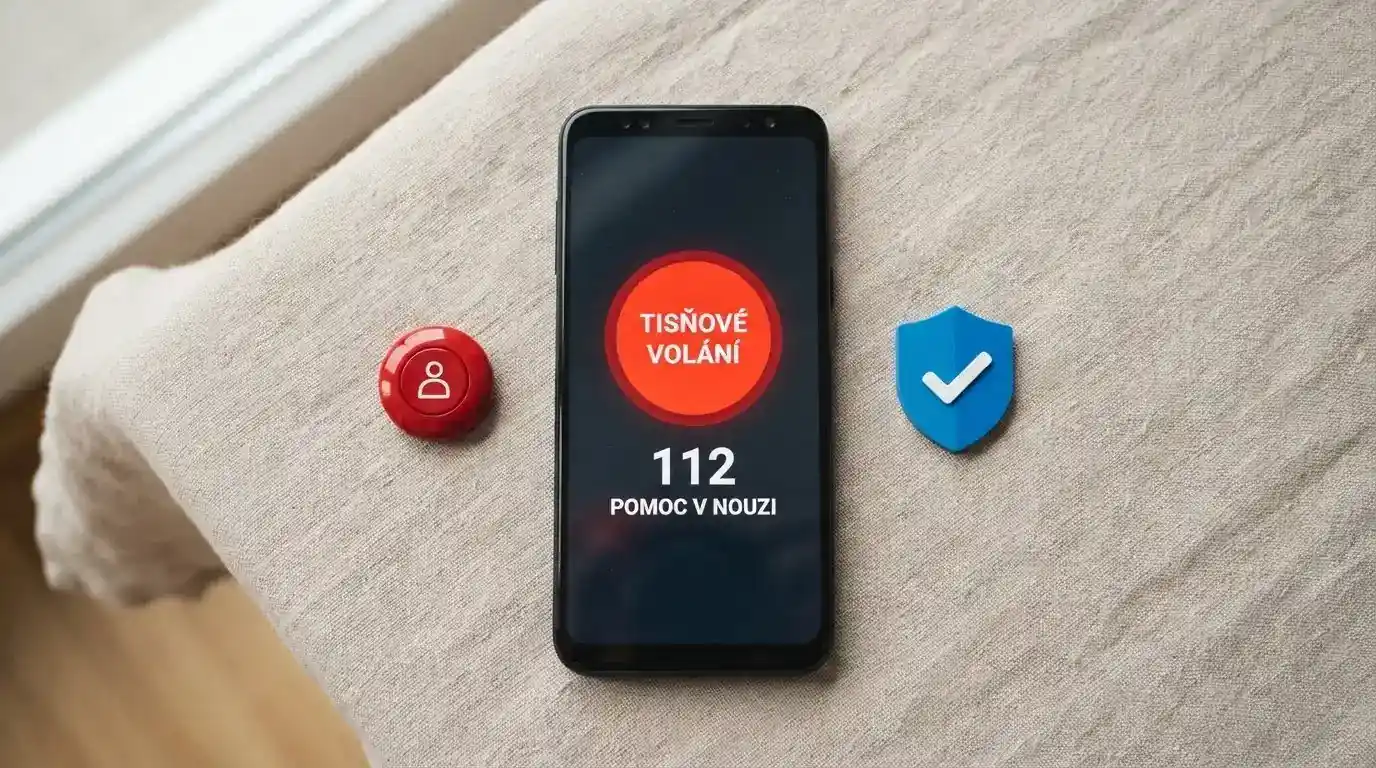 Telefon s nasvícenou obrazovkou, na které je číslo linky pomoci — vedle něj ikona panic buttonu (červené tlačítko) a modrá ikona RVO
