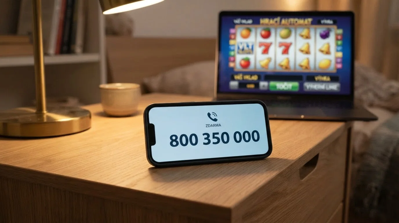 Telefon s číslem 800 350 000 na displeji vedle otevřeného casina na monitoru — linka pomoci, která funguje nonstop od roku 2018